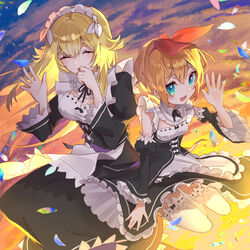  2girls :d blonde_hair blue_eyes bow_hairband closed_eyes dress frederica_baumann frilled_dress frilled_sleeves frills hair_ribbon hairband highres long_hair maid maid_headdress midair multiple_girls orange_hair petals petra_leyte re:zero_kara_hajimeru_isekai_seikatsu red_ribbon ribbon roswaal_mansion_maid_uniform short_hair smile yuzouni 