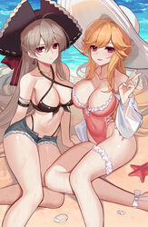  2girls absurdly_long_hair ahoge anchor_earrings ankle_bow arm_support azur_lane backless_outfit backless_swimsuit bare_legs bare_shoulders beach bikini bikini_under_clothes black_bikini black_headwear blonde_hair blue_shorts blue_sky blush bow bowtie breasts bridal_garter brown_hair center_opening chinese_commentary clam_shell cleavage closed_mouth collarbone commentary covered_navel cross-laced_bikini cross-laced_clothes day denim denim_shorts detached_sleeves earrings eternity_(shadeh) eyebrows frills front-tie_bikini_top front-tie_top hair_between_eyes halterneck hat hat_bow highleg highleg_bikini highleg_swimsuit highres jean_bart_(azur_lane) jean_bart_(private_apres_midi)_(azur_lane) jewelry large_breasts linea_alba long_hair looking_at_viewer micro_shorts multiple_girls navel necklace official_alternate_costume one-piece_swimsuit open_fly open_mouth outdoors photoshop_(medium) pink_eyes pink_one-piece_swimsuit purple_eyes red_bow red_eyes richelieu_(azur_lane) richelieu_(fleuron_of_the_waves)_(azur_lane) sand see-through see-through_sleeves shell short_shorts shorts side-tie_swimsuit sideless_outfit sidelocks sitting skindentation sky smile starfish sun_hat swimsuit thighs v very_long_hair water waves wet wet_clothes white_bow white_bowtie white_headwear 