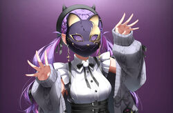  absurdres bibi_(tokoyami_towa) black_hat breasts cardigan collared_shirt colored_inner_hair ear_piercing fake_horns female fox_mask grey_cardigan hair_ornament hairclip hat highres hololive horned_headwear horns jirai_kei long_hair long_sleeves mask medium_breasts multicolored_hair official_alternate_costume open_cardigan open_clothes pepushi_drow phony_(cevio) piercing pink_hair pointy_ears puffy_long_sleeves puffy_sleeves purple_hair shirt sleeveless sleeveless_shirt sleeves_past_wrists solo streaked_hair suspenders tokoyami_towa tokoyami_towa_(jirai_kei) two-tone_hair upper_body virtual_youtuber white_shirt x_hair_ornament 