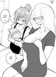  2girls absurdres artist_name baby babywearing bangs_pinned_back breast_awe breasts cleavage closed_eyes clothes_pull collarbone dress dress_pull embarrassed english_text folded_hair forehead glasses greyscale grin hair_pulled_back hand_on_own_chest highres huge_breasts inne_sulistya_robin long_hair monochrome mother_and_child multiple_girls norman_maggot original pencil_dress pulling_another&#039;s_clothes scoop_neck short_sleeves sitting smile speech_bubble 