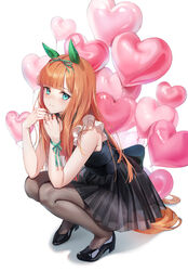  animal_ears aqua_eyes aqua_ribbon balloon black_dress black_footwear black_skirt blunt_bangs brown_pantyhose closed_mouth commentary_request dress ear_covers emyo female full_body heart_balloon highres horse_ears horse_girl horse_tail long_hair looking_at_viewer orange_hair orange_tail pantyhose ribbon shoes silence_suzuka_(umamusume) simple_background skirt sleeveless smile solo squatting tail umamusume white_background wrist_ribbon 