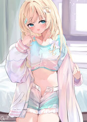  absurdres blonde_hair blue_eyes blue_shirt blue_shorts blush breasts cropped_shirt female hair_ornament highres hololive jacket kazama_iroha kazama_iroha_(streetwear) leaf_hair_ornament letterman_jacket looking_at_viewer navel official_alternate_costume open_fly open_mouth pink_jacket reitou_mkn shirt short_shorts shorts small_breasts smile virtual_youtuber 