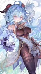  ahoge arm_up bare_shoulders bell black_horns blue_hair bodystocking breasts closed_mouth commentary_request cowbell detached_sleeves female ganyu_(genshin_impact) genshin_impact goat_horns horns long_hair looking_at_viewer medium_breasts orb purple_eyes smile solo standing thighs voruvoru 