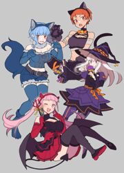  4girls alternate_costume animal_ears bell belt black_dress black_eyes blue_hair blunt_bangs blush breasts candy cat_ears cat_tail claws cleavage cleavage_cutout clothing_cutout commentary demon_horns demon_tail demon_wings do_m_kaeru dress fake_animal_ears fire_emblem fire_emblem:_three_houses food gloves halloween halloween_costume hat hilda_valentine_goneril horns large_breasts leonie_pinelli lollipop long_hair long_sleeves low_wings lysithea_von_ordelia marianne_von_edmund multicolored_clothes multicolored_dress multiple_girls navel neck_bell oerba_yun_fang one_eye_closed open_mouth orange_eyes orange_hair pink_eyes pink_hair purple_dress red_dress short_hair shorts symbol-only_commentary tail thighhighs thighs twintails white_hair wings witch_hat wolf_ears wolf_tail 