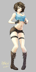  absurdres alternate_costume bare_shoulders belt boots breasts brown_eyes brown_hair commentary commission cosplay crop_top dated embarrassed english_commentary female fingerless_gloves full_body gloves grey_background highres holding holding_clothes kawakami_sadayo lara_croft lara_croft_(cosplay) looking_at_viewer midriff navel ozkh persona persona_5 short_hair shorts signature simple_background solo standing tank_top tomb_raider undersized_clothes 