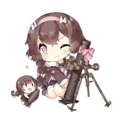  2girls :3 :d ammunition artillery_fairy_(girls&#039;_frontline) badge black_sailor_collar black_skirt blush blush_stickers bomb bow bowtie braid brown_dress brown_footwear brown_hair brown_jacket button_badge chibi closed_mouth dress explosive fairy_(girls&#039;_frontline) full_body fur-trimmed_jacket fur_trim girls&#039;_frontline hairband hairbow holding holding_bomb jacket kneeling long_hair long_sleeves looking_at_viewer mortar_(weapon) mortar_shell multiple_girls official_art one_eye_closed pink_bow pink_bowtie pink_eyes pink_hairband pink_ribbon ribbon sailor_collar saru shirt shorts simple_background single_braid skirt slit_pupils smile sparkle third-party_source transparent_background v-shaped_eyes white_bow white_shirt white_shorts |_| 