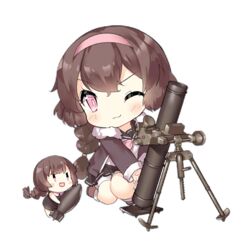  2girls :3 :d ammunition artillery_fairy_(girls&#039;_frontline) black_sailor_collar black_skirt blush blush_stickers bomb bow bowtie braid brown_dress brown_footwear brown_hair brown_jacket chibi closed_mouth dress explosive fairy_(girls&#039;_frontline) full_body fur-trimmed_jacket fur_trim girls&#039;_frontline hairband holding holding_bomb jacket kneeling long_hair long_sleeves looking_at_viewer mortar_(weapon) mortar_shell multiple_girls official_art one_eye_closed pink_bow pink_bowtie pink_eyes pink_hairband sailor_collar saru shirt shorts simple_background single_braid skirt slit_pupils smile third-party_source transparent_background v-shaped_eyes white_shirt white_shorts |_| 