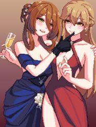  2girls bare_shoulders blue_gloves breasts brown_background brown_eyes brown_hair center_opening cleavage commentary commission cowboy_shot criss-cross_halter cup dress english_commentary finger_to_another&#039;s_mouth girls&#039;_frontline gloves green_eyes groin halterneck highres holding holding_cup large_breasts multiple_girls off-shoulder_dress off_shoulder ots-14_(girls&#039;_frontline) ots-14_(ruler_of_the_banquet)_(girls&#039;_frontline) pixel_art red_gloves sideboob simple_background springfield_(girls&#039;_frontline) springfield_(queen_in_radiance)_(girls&#039;_frontline) yiricannon yuri 