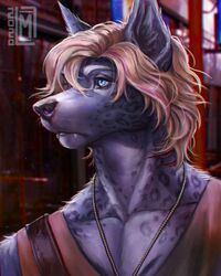  2020 4:5 black_nose blue_eyes brown_hair canid canine canis detailed_background digital_media_(artwork) eyebrows eyelashes felid fur hair headshot_portrait hybrid leopard male mammal markings moon-s pantherine portrait solo spots spotted_body spotted_fur wolf 