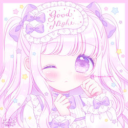  blush border bow clenched_hands closed_mouth commentary_request english_text female frills hand_on_own_cheek hand_on_own_face highres himetsuki_luna long_hair long_sleeves looking_at_viewer mask mask_on_head one_eye_closed original pastel_colors pink_border portrait puffy_long_sleeves puffy_sleeves purple_bow purple_eyes purple_hair purple_theme shirt signature sleep_mask sleepy sleeves_past_wrists solo star_(symbol) twitter_username two_side_up upper_body white_background white_shirt 