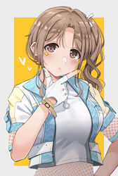  :t blush breasts cropped_jacket cropped_shirt emu_1316 female fingerless_gloves fingernails gloves hand_on_own_chin highres ichikawa_hinana idolmaster idolmaster_shiny_colors large_breasts light_brown_hair looking_at_viewer nail_polish parted_bangs shirt short_sleeves side_ponytail solo stroking_own_chin upper_body white_shirt 