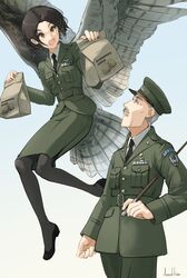  1boy absurdres amelia_shaw artist_name asterisk_kome bag belt bird_girl bird_tail bird_wings black_footwear black_hair burger character_request commentary_request facial_hair female food grey_hair happy hat highres insignia looking_down looking_up military military_hat military_uniform moustache pantyhose paper_bag pencil_skirt ribbon_bar riding_crop skirt smile tail uniform winged_fusiliers wings yellow_eyes 