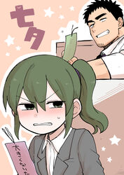  1boy absurdres angry annoyed black_hair blazer blush brown_background business_suit clenched_teeth coat commentary dot_pupils dress_shirt facial_hair female formal goatee gradient_background green_eyes green_hair grey_jacket hair_tie highres igarashi_futaba_(shiromanta) jacket looking_back medium_hair necktie office_lady open_mouth orange_background overcoat ponytail purple_necktie salaryman senpai_ga_uzai_kouhai_no_hanashi shiromanta shiromanta_(character) shirt short_hair smile star_(symbol) stubble suit sweatdrop takeda_harumi_(shiromanta) tanabata tanzaku teeth thick_eyebrows translated upper_body v-shaped_eyebrows 