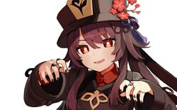  :d black_hat black_jacket black_nails brown_hair commentary female flower flower-shaped_pupils genshin_impact hair_between_eyes hat hat_flower head_tilt highres hu_tao_(genshin_impact) jacket jewelry long_hair long_sleeves looking_at_viewer nail_polish red_eyes red_flower red_shirt ring seramikku shirt simple_background sleeves_past_wrists smile solo symbol-shaped_pupils twintails upper_body white_background 