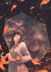  black_background black_hair brown_eyes dress female fish gemi goldfish grey_dress highres holding holding_umbrella long_hair long_sleeves looking_up original standing umbrella water_drop 