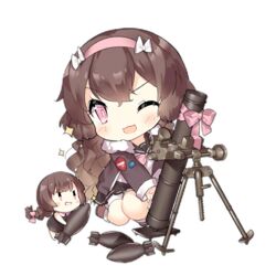  2girls :d ammunition artillery_fairy_(girls&#039;_frontline) badge black_sailor_collar black_skirt blush blush_stickers bomb bow bowtie braid brown_dress brown_footwear brown_hair brown_jacket button_badge chibi dress explosive fairy_(girls&#039;_frontline) full_body fur-trimmed_jacket fur_trim girls&#039;_frontline grin hair_down hairband hairbow holding holding_bomb jacket kneeling long_hair long_sleeves looking_at_viewer mortar_(weapon) mortar_shell multiple_girls official_art one_eye_closed open_mouth pink_bow pink_bowtie pink_eyes pink_hairband pink_ribbon ribbon sailor_collar saru shirt shorts simple_background single_braid skirt slit_pupils smile sparkle third-party_source transparent_background v-shaped_eyes white_bow white_shirt white_shorts |_| 