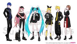  2boys 4girls aqua_eyes aqua_hair blonde_hair blue_eyes blue_hair boots bow brown_hair choker crop_top crypton_future_media full_body hairbow hatsune_miku highres hood hoodie kagamine_len kagamine_rin kaito_(vocaloid) lam_(ramdayo) lineup long_hair medium_hair megurine_luka meiko_(vocaloid) multiple_boys multiple_girls official_alternate_costume official_art piapro pink_hair ponytail shoes short_hair shorts skirt sneakers standing supergroupies twintails very_long_hair vocaloid watermark 