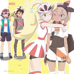  2boys 2girls bea_(pokemon) bike_shorts black_bodysuit blonde_hair blush bodysuit bow_hairband dress eyelashes goh_(pokemon) grey_hair grookey hairband helmet high_ponytail highres hug ichi_(pikapikapocket) korrina_(pokemon) long_hair multiple_boys multiple_girls one_eye_closed pikachu pokemon pokemon_(anime) pokemon_journeys satoshi_(pokemon) sleeveless twitter_username white_dress yuri 