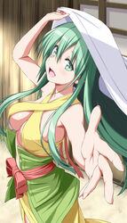  :d arm_up bare_arms bare_shoulders breasts commentary_request commission female foreshortening green_eyes green_hair hair_between_eyes highres himetsuru_ichimonji_(tenka_hyakken) long_hair looking_at_viewer medium_breasts nori_tamago open_mouth outstretched_arm sash skeb_commission smile solo tenka_hyakken 