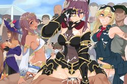  4girls 6+boys alice_gear_aegis bar_censor blonde_hair blue_eyes bra breasts brown_hair camera censored commentary_request cosplay cum cum_on_body dark_skin facial fatima_betrorum glasses goggles goggles_on_head green_eyes group_sex hat highres jewelry kaneshiya_sitara kurozukin_(th_krz_890) large_breasts multiple_boys multiple_girls multiple_penises nikotama_mai orgy outdoors penis public_indecency purple_eyes purple_hair revealing_clothes sex straight underwear vaginal_penetration virginia_glynnberets wavy_mouth white_bra witch_hat 