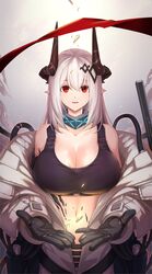  arknights black_gloves breasts crop_top female gloves hakoniwa_tsuka highres horns large_breasts long_hair material_growth mudrock_(arknights) mudrock_(elite_ii)_(arknights) navel oripathy_lesion_(arknights) pointy_ears red_eyes white_hair 