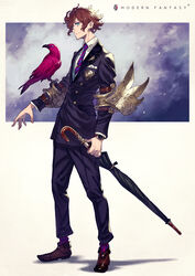  1boy animal animal_on_arm armor bird bird_on_arm blue_eyes brown_footwear brown_hair closed_mouth fingernails formal glint highres holding holding_sword holding_umbrella holding_weapon kusano_shinta male_focus necktie original photoshop_(medium) purple_eyes purple_necktie scabbard sheath socks standing striped striped_necktie suit sword umbrella umbrella_sword unsheathing watch weapon 