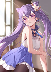  bare_arms bare_shoulders bead_choker braid breasts cone_hair_bun cowboy_shot double_bun earrings female flower genshin_impact hair_bun hair_flower hair_ornament highres jewelry keqing_(genshin_impact) long_hair looking_at_viewer medium_breasts neck_tassel pantyhose parted_lips shirt sidelocks skirt sleeveless sleeveless_shirt solo twintails tyenka7728 