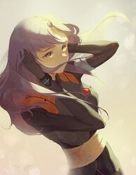  absurdres black_bodysuit bodysuit brown_eyes commentary covered_mouth covering_own_ears female hair_over_mouth hands_up highres katsuragi_misato long_hair neon_genesis_evangelion oerba_yun_fang plugsuit purple_hair sandwich_(3meiji) skin_fang solo upper_body yellow_background 