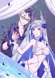  1boy absurdres bikini black-framed_eyewear blue_eyes blue_flower blue_hair blue_rose blush breasts brynhildr_(fate) brynhildr_(swimsuit_berserker)_(fate) brynhildr_(swimsuit_berserker)_(third_ascension)_(fate) closed_mouth colored_inner_hair couple cowboy_shot cross-laced_bikini cross-laced_clothes curtains echoyan20038 fate/grand_order fate_(series) female flower glasses highres holding_hands large_breasts long_hair looking_at_another multicolored_hair navel open_mouth purple_eyes purple_hair purple_shirt rose scar semi-rimless_eyewear shiny_skin shirt sigurd_(fate) sigurd_(memories_with_my_lover)_(fate) smile straight swimsuit two-tone_hair veil white_bikini white_hair wrist_cuffs 