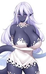  arms_under_breasts bare_shoulders blush breasts cleavage closed_mouth colored_skin commission cowboy_shot dress elbow_gloves female floating_clothes frown gloves hair_between_eyes highres huge_breasts long_hair looking_at_viewer original pointy_ears purple_eyes purple_hair purple_skin short_dress simple_background skeb_commission solo strapless strapless_dress suruga_(xsurugax) tail thighs white_background white_dress white_gloves 