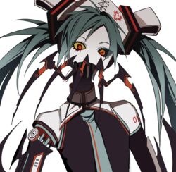  android arthropod_limbs bare_shoulders black_sclera blue_hair ca_(maeda_koutarou) calne_ca_(deino) chinese_commentary collared_shirt colored_sclera commentary_request cosplay detached_sleeves female hair_ornament hat hatsune_miku hatsune_miku_(cosplay) hemostatic high_collar highres horror_(theme) long_hair looking_at_viewer mandibles mechanical_arms mechanical_parts necktie no_mouth no_nose nurse_cap partial_commentary red_eyes saikin_osen_-_bacterial_contamination_-_(vocaloid) shirt single_mechanical_arm sleeveless sleeveless_shirt solo twintails vocaloid yellow_sclera 