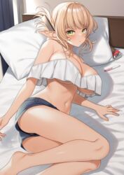  :/ absurdres aegis_(takunomi) ass bare_legs bare_shoulders bed bed_sheet black_panties blonde_hair blue_shorts blush box breasts camisole cleavage closed_mouth commentary_request commission crop_top crop_top_overhang curtains elf enjo_kouhai feet_out_of_frame female frilled_shirt frills green_eyes hair_ornament halterneck head_on_pillow highres indoors large_breasts legs long_hair looking_at_viewer lying navel off-shoulder_shirt off_shoulder on_bed on_side panties panties_under_shorts panty_peek pillow pointy_ears ponytail pregnancy_test raised_eyebrows shirt short_shorts shorts sidelocks skeb_commission solo spaghetti_strap stomach strap_gap takunomi tan underboob underwear white_shirt 