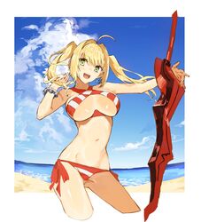  aestus_estus ahoge ass_visible_through_thighs beach bikini blonde_hair border bracelet breasts breasts_apart cloud commentary_request criss-cross_halter cropped_legs day fate/grand_order fate_(series) female green_eyes groin hair_intakes halterneck highres holding holding_sword holding_weapon jewelry large_breasts long_hair looking_at_viewer navel nero_claudius_(fate) nero_claudius_(swimsuit_caster)_(fate) ocean outdoors outside_border planted planted_sword red_bikini sa/tsu/ki side-tie_bikini_bottom sling_bikini_top smile solo standing striped_bikini striped_clothes swimsuit sword twintails underboob weapon white_border 