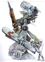  1980s_(style) armor bad_link blonde_hair crossed_arms cyberpunk dirty dragon&#039;s_heaven energy_cannon female ikuuru kobayashi_makoto_(illustrator) leaning_on_object long_hair looking_at_viewer machinery mecha moebius_(style) official_art power_armor power_suit production_art retro_artstyle robot scan science_fiction shaian_(robot) signature simple_background 