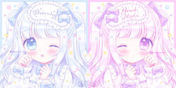  2girls ;o blue_bow blue_eyes blue_hair blush bow closed_mouth commentary english_commentary english_text frills himetsuki_luna long_hair long_sleeves looking_at_viewer mask mask_on_head multiple_girls one_eye_closed original parted_lips pink_hair puffy_long_sleeves puffy_sleeves purple_bow purple_eyes shirt signature sleep_mask sleeves_past_wrists star_(symbol) twitter_username two_side_up upper_body white_shirt 