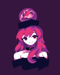  4qw5 bare_shoulders black_choker black_headwear black_shirt breasts choker closed_mouth commentary_request eyelashes female hair_between_eyes hecatia_lapislazuli looking_to_the_side medium_breasts medium_hair off-shoulder_shirt off_shoulder pink_eyes pink_hair pixel_art purple_background shirt short_sleeves simple_background smile solo t-shirt touhou underworld_(ornament) upper_body 