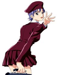  1990s_(style) beret blue_hair briefcase female grey_eyes hat highres looking_at_viewer looking_back nishino_risa retro_artstyle school_uniform waving_arm yamada_masaki zenkoku_seifuku_bishoujo_grand_prix 