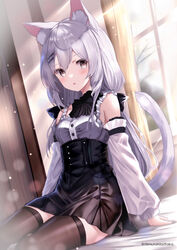  absurdres animal_ear_fluff animal_ears black_skirt black_thighhighs breasts cat_ears cat_girl cat_tail detached_sleeves expressionless female high-waist_skirt highres himura_moritaka long_hair long_sleeves looking_at_viewer original shirt sitting skirt small_breasts solo sunlight tail thighhighs white_hair white_shirt window 