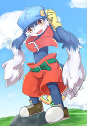  anthro bandai_namco belt blush bottomwear clothing cloud collar domestic_cat felid feline felis footwear gloves grass handwear hat headgear headwear hi_res klonoa klonoa_(series) long_ears mammal plant popkage ring rock shoes shorts sky smile solo yellow_eyes 