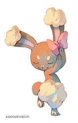  absurdres animal_focus bluekomadori buneary closed_eyes closed_mouth commentary_request facial_mark full_body hair_ribbon highres leg_lift no_humans pink_ribbon pokemon pokemon_(creature) rabbit ribbon simple_background smile solo standing standing_on_one_leg watermark web_address white_background 