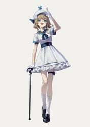  :d absurdres black_footwear blue_sailor_collar bow braid breasts buttons cane double-breasted female flower full_body gloves green_eyes grey_background hand_up hat hat_flower highres kneehighs medium_breasts medium_hair original sailor_collar shoes short_sleeves simple_background skirt smile socks solo standing teeth twin_braids upper_teeth_only white_flower white_gloves white_hat white_skirt white_socks yoon_cook 