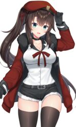  absurdres aqua_eyes belt beret black_gloves black_shorts black_thighhighs blush bow breasts brown_hair choker cleavage coat collarbone cowboy_shot female female_commander_(girls&#039;_frontline) fur_trim girls&#039;_frontline gloves griffin_&amp;_kryuger_military_uniform hair_between_eyes hair_ribbon hand_on_headwear hat highres large_breasts long_hair long_sleeves looking_at_viewer open_mouth ponytail red_coat red_hat red_ribbon ribbon rynzfrancis shirt shirt_tucked_in short_shorts shorts simple_background solo standing thighhighs very_long_hair white_background white_shirt 