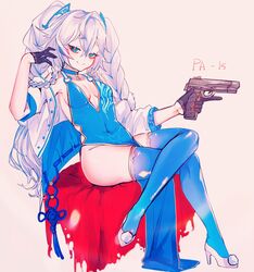  bare_shoulders bisaytin black_gloves blue_collar blue_dress blue_eyes blue_hair blue_thighhighs braid breasts brown_background center_opening character_name collar covered_navel crossed_legs dress female girls&#039;_frontline gloves gun half_gloves handgun high_heels holding holding_gun holding_weapon jacket long_hair long_sleeves looking_at_viewer mab_pa-15 medium_breasts multicolored_hair official_alternate_costume open_clothes open_jacket pa-15_(alluring_larkspur)_(girls&#039;_frontline) pa-15_(girls&#039;_frontline) sideboob simple_background sitting smile solo streaked_hair thighhighs thighs trigger_discipline very_long_hair weapon white_footwear white_hair white_jacket 