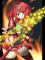  armor backless_outfit black_gloves blurry blurry_background bob_cut breasts chest_jewel cowboy_shot diamond_earrings drop_earrings earrings female fingerless_gloves fire gloves highena highres impossible_clothes jewelry large_breasts looking_at_viewer open_hand pyra_(xenoblade) red_eyes red_hair short_hair shoulder_armor solo swept_bangs tiara v-shaped_eyebrows xenoblade_chronicles_(series) xenoblade_chronicles_2 