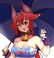  animal_ears bare_shoulders bell black_horns blue_eyes blue_nails blue_ribbon breasts can choker cleavage collarbone cow_girl cow_horns drink_can energy_drink female fingerless_gloves fingernails gloves hair_ribbon holding holding_can holding_umbrella horns kumaartsu long_hair medium_breasts neck_bell original parasol product_placement purple_gloves race_queen red_bull red_hair ribbon smile soda_can solo strapless teeth umbrella upper_body upper_teeth_only white_background 