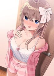  blue_eyes blush breasts brown_hair camisole cleavage collarbone commentary_request door doorway embarrassed female from_above hair_between_eyes hair_ribbon indoors large_breasts long_hair long_sleeves looking_at_viewer loungewear nekokobushi off_shoulder original pink_shorts pink_sweater ribbon shorts sidelocks smile solo standing sweat sweater white_camisole wooden_floor 