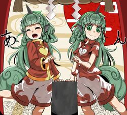  2girls closed_eyes dual_persona epic_armageddon flower gazebo heart highres hitodama_print horns komano_aunn long_sleeves looking_at_viewer multiple_girls oerba_yun_fang open_mouth pose red_shirt shirt short_sleeves shorts single_horn smile thick_eyebrows touhou white_shorts 