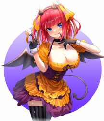  :p absurdres bat_wings black_gloves black_thighhighs black_wings blue_eyes breasts cleavage commentary_request demon_tail dress female gloves go-toubun_no_hanayome halloween highres large_breasts long_hair looking_at_viewer m.tokotsu nakano_nino orange_dress red_hair short_hair solo striped_clothes striped_thighhighs tail thighhighs thighs tongue tongue_out vertical-striped_clothes vertical-striped_thighhighs wings zettai_ryouiki 