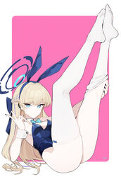  absurdres animal_ears ass black_nails blonde_hair blue_archive blue_eyes blue_hair blue_halo blue_leotard bow bowtie braid breasts detached_collar earpiece fake_animal_ears feet female halo highleg highleg_leotard highres lan_mao_akko legs leotard long_hair looking_at_viewer multicolored_hair no_shoes official_alternate_costume playboy_bunny rabbit_ears solo strapless strapless_leotard streaked_hair thighhighs toes toki_(blue_archive) toki_(bunny)_(blue_archive) two-tone_hair v white_thighhighs wrist_cuffs 