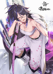  bare_shoulders belt black-framed_eyewear black_hair blue_hair blush bokken breasts chest_sarashi cleavage coat coat_on_shoulders collar delinquent female glasses grey_eyes highres indie_virtual_youtuber kson large_breasts long_hair looking_at_viewer mole mole_under_eye motor_vehicle motorcycle multicolored_coat multicolored_hair no_shirt ohland pants petal_print ponytail print_pants sarashi sitting smile solo souchou streaked_hair studded_collar sukeban sword tongue tongue_out two-tone_coat virtual_youtuber weapon wooden_sword 